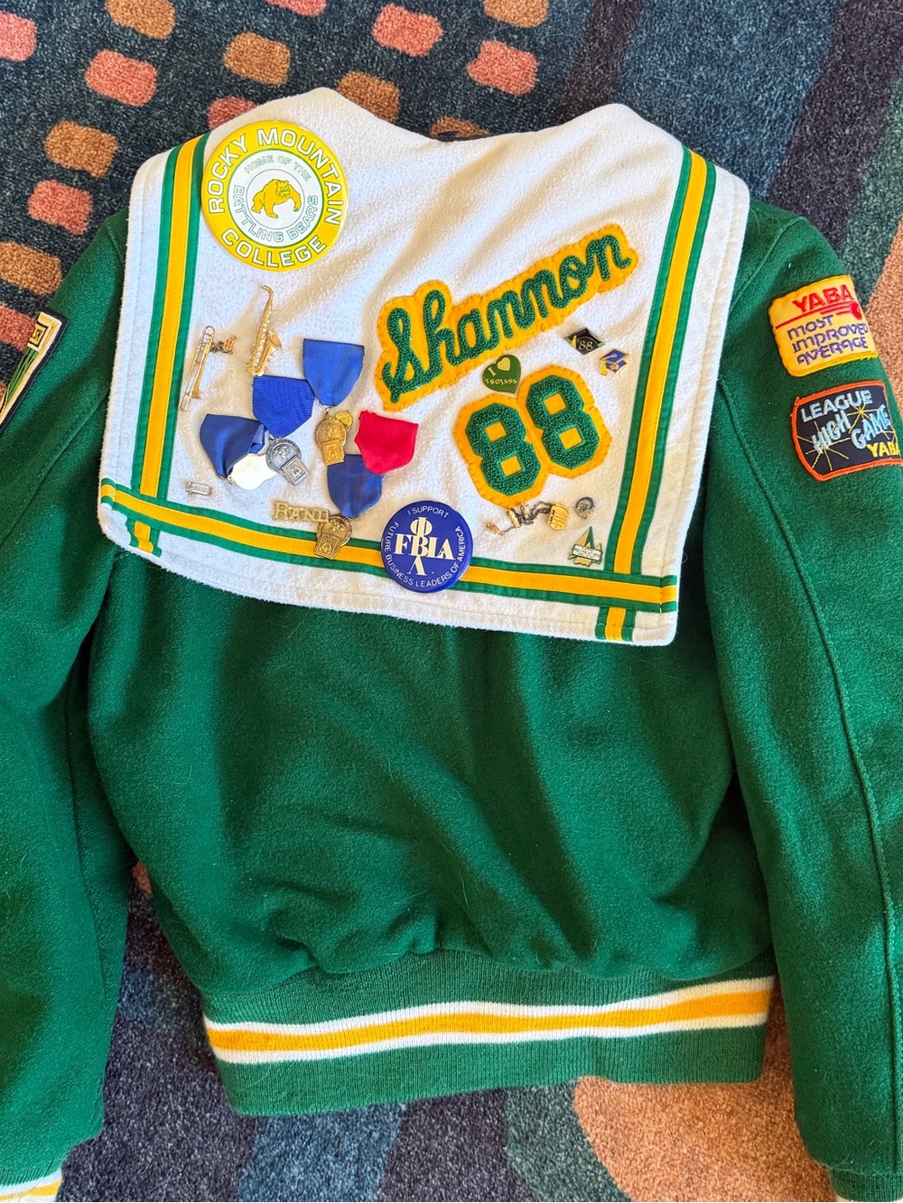 Vintage Kelly Walsh Band Green Wool Letterman Jacket with Striped Trim and pins!